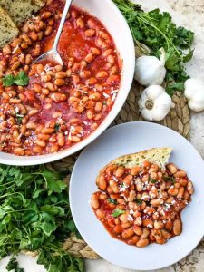 spicy beans on white plate