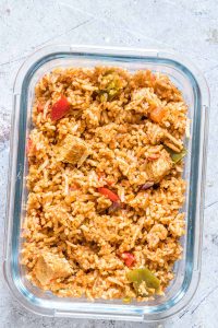 frugal meal - instant pot fajita rice in glass casserole dish