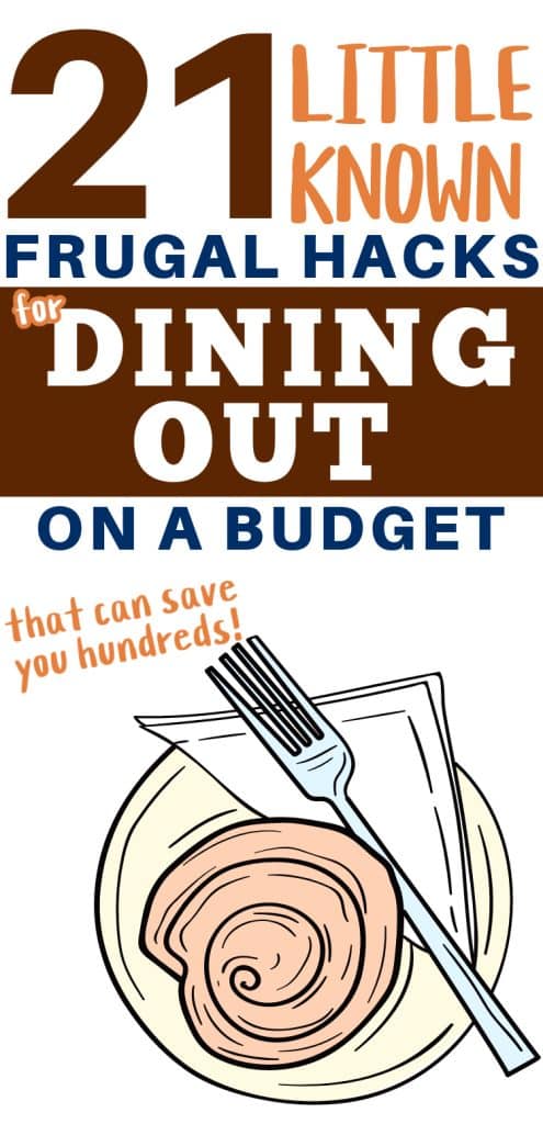 vector image of pastry on a plate with fork and napkin. text reads 21 little known frugal hacks for dining out on a budget