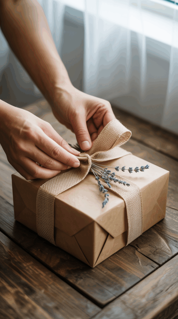 a pair of hands tying a ribbon onto a brown small gift box